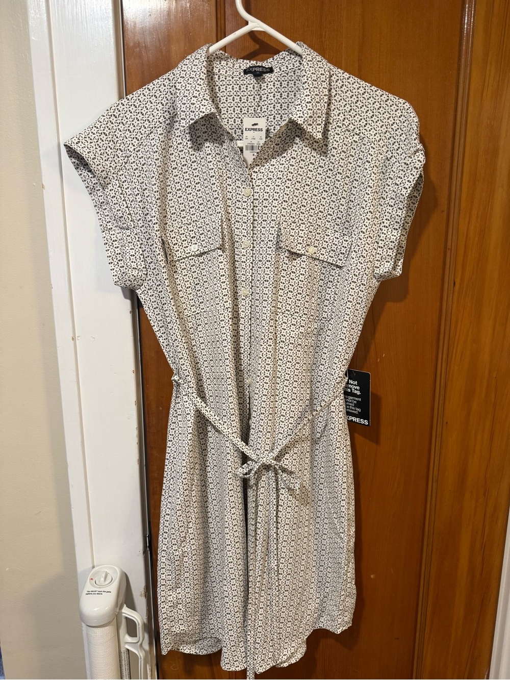 Express Women's White and Green Printed Shirt Dress with Tie Waist